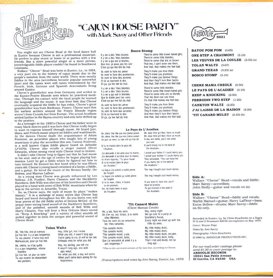 Cheese Read - Cajun House Party / Arhoolie LP-5021 - Image 2