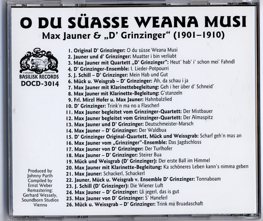 Max Jauner & "D' Grinzinger" - O du Süasse Weana Musi - Early Recordings 1901 -1910 / Document CD-3014 - Image 2