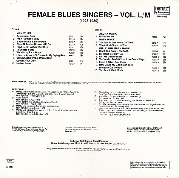 FEMALE BLUES SINGERS VOL. L/M (1923-1930) / SELMERPHONE Lp-4028 - Image 2