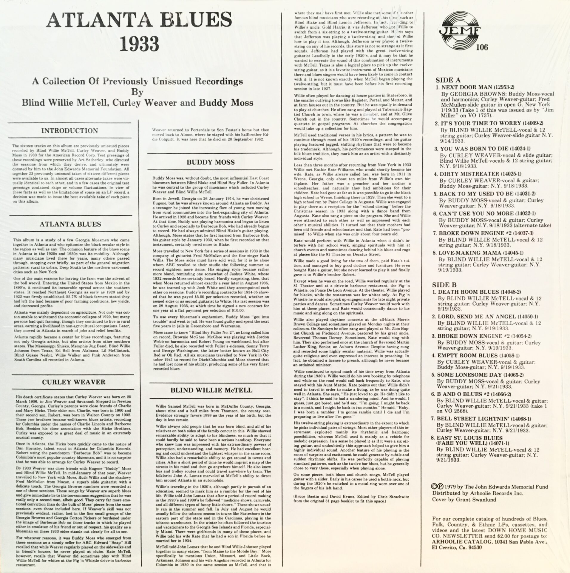 Atlanta Blues 1933 / LP Jemf-106 - Image 2