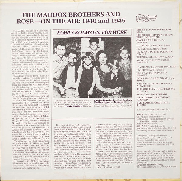 Maddox Brothers & Rose - On the Air: their First Recorded Radio Broadcasts / Arhoolie LP-5028 - Image 2