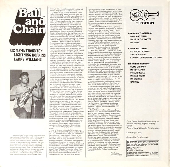Ball and Chain: Big Mama Thornton; Lightning Hopkins; Larry Williams/ Arhoolie LP-1039 - Image 2